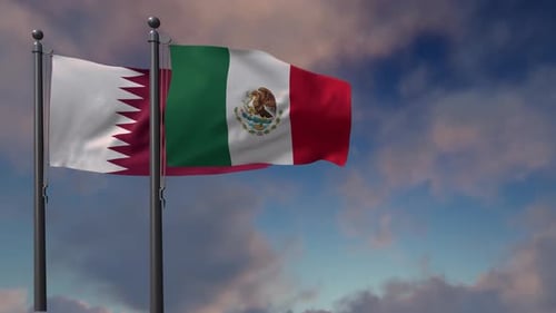 Qatar and Mexico National Flags Waving in the Sky