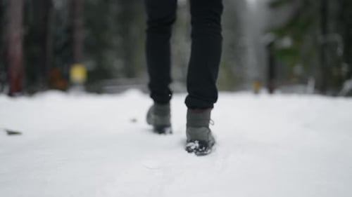 Hiker Walking in Forest in Winter Day Closeup of Feet on Snowy Path Back View Traveling in Woodland