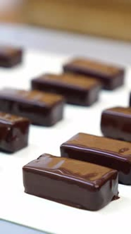 Automatic moving assembly line with mouth-watering chocolate candies. Fresh sweets on the conveyor