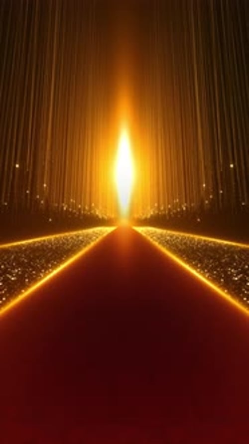 Elegant Golden Awards Stage Glittering Particles Luxurious Red and Gold Runway Leading Bright Light