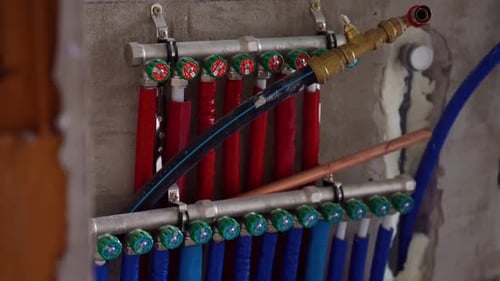 Plumbing Manifold With Red and Blue Pipes on Wall