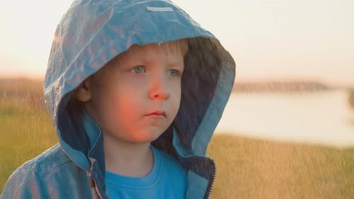 Boy Stands in Field during Sunset Rain