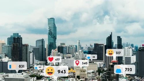 Social Media Icons Fly Over City Downtown Showing People Reciprocity Connection