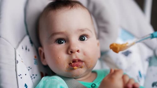 Happy Baby Being Fed with Spoon Indoors