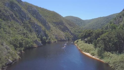 Aerial of boating on lake in South Africa for summer leisure fun and activity