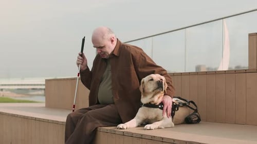 Senior Man with Visual Impairment Sitting on Bench in City and Petting His Dog