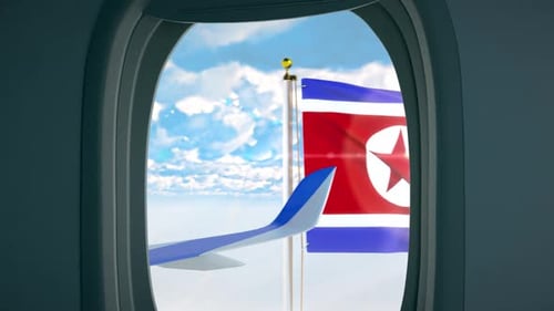 North Korea Flag Waving Outside Airplane Window 3D