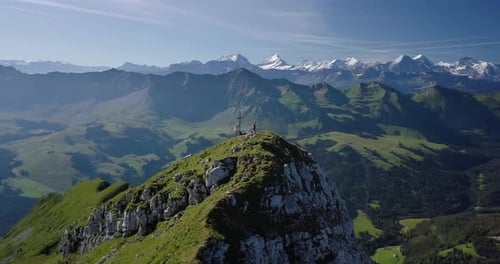 Aerial View of Running and Hiking in Classic Swiss Mountain Range in Luzern, Switzerland
