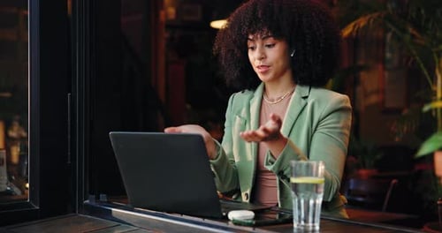 Remote work, video call and explain with laptop in coffee shop for communication