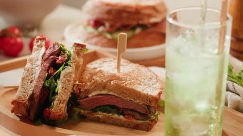 American Pastrami Sandwich with Ham Meet Cuts in Restaurant Cooking Famous Thick Cut Sous Vide Beef