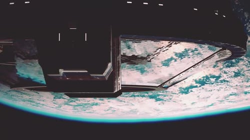 Futuristic Space Station Orbiting Planet Earth Animation