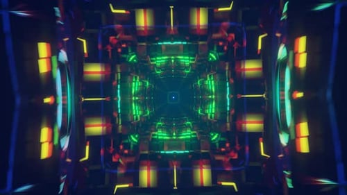 Viaje trascendente a través de un túnel infinito de ciencia ficción acompañado de deslumbrantes luces de neón multicolores