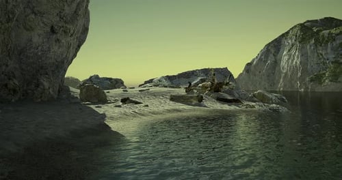 Serene Coastal Landscape at Dusk with Rocky Formations and Gentle Waters