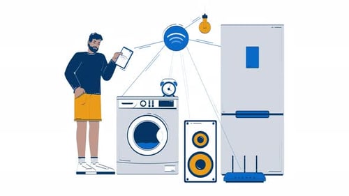 Black man managing smart household appliances using tablet doodle animation