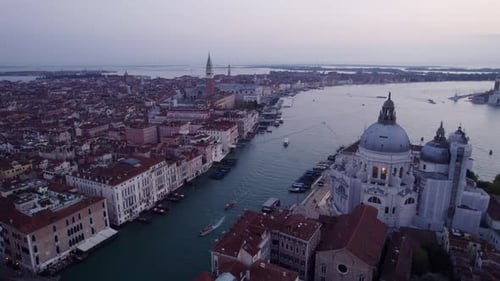 Aerial view of Santa Maria della Salute at sunrise, Italy.