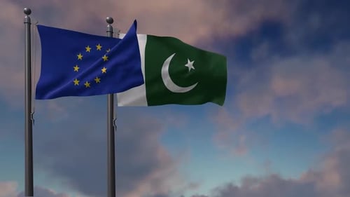 European Union and Pakistan Flags Waving in the Wind