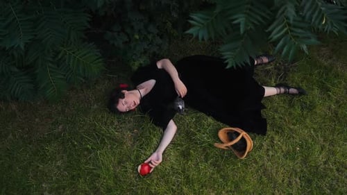 Uma figura feminina impressionante vestida elegantemente com um vestido preto, graciosamente deitada na grama verde exuberante