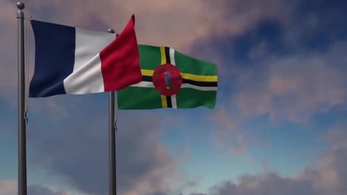 Realistic France and Dominica Flags Waving Against Sky