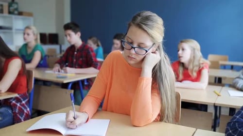 Education, People And Learning Concept - Group Of Students With Notebooks Writing Test At School