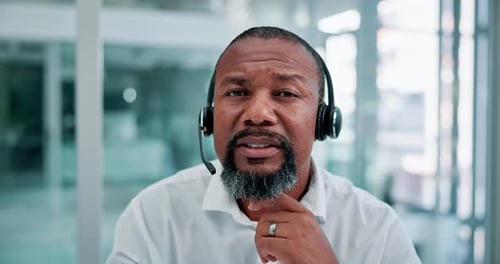 Man, headset and call centre face for consulting, telemarketer and insurance hotline