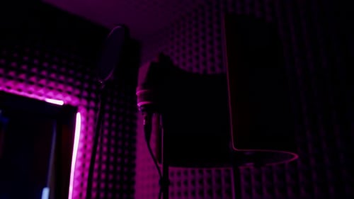 professional recording studio song recording equipment microphone close-up bottom view purple neon