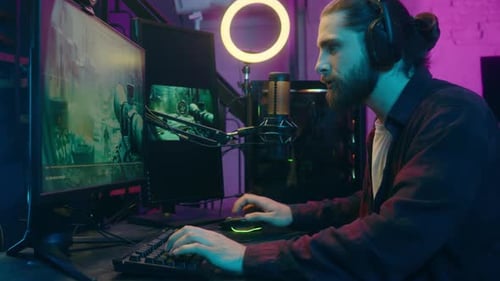 Addicted Angry Caucasian Guy Streamer Blogger Vlogger Influencer Man Playing Online Virtual Game