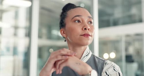 Business, woman and thinking in office for vision, decision or reflection for news article