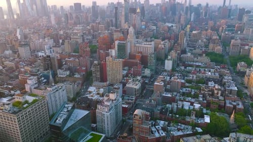 City scenery with diversity of modern architecture. Amazing New York panorama hazy at backdrop.
