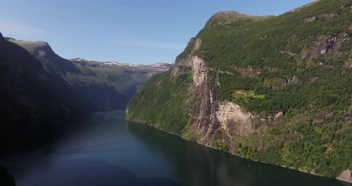 Scenic Aerial View Above Geiranger Fjord - Seven Sisters Waterfall, Norway
