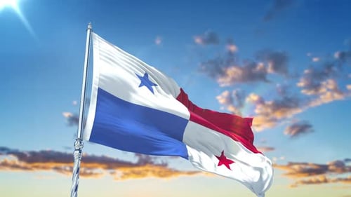 Panama Flag Waving in Realistic Sky