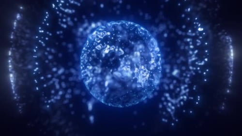 Blue energy magic circle, sphere, ball made of futuristic waves and lines of particles of atoms