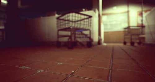 Perspective View of Shopping Carts on Tiled Floor in a Quiet Market
