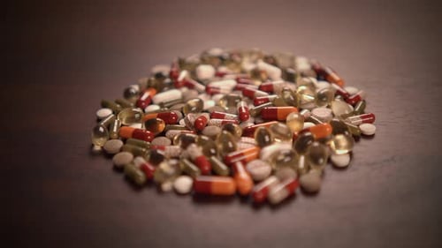 Assorted Pills Piled on a Dark Wooden Surface