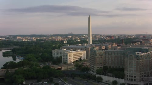 Washington, D.C. Circa-2017, Aerial Sunrise View of Washington Monument and White House