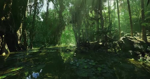Couloir de jungle luxuriant avec de l'eau scintillante et des plantes enchevêtrées