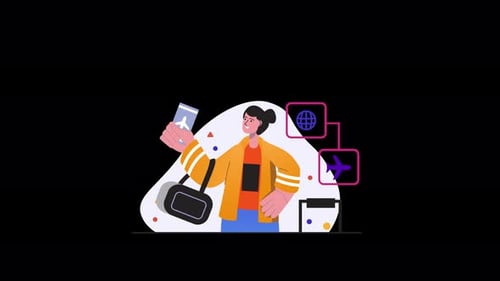 Femme voyageuse avec un téléphone et un sac aux couleurs vives