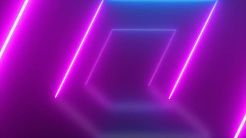 Abstract looped square tunnel neon blue and purple energy glowing from lines background