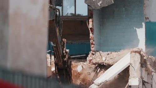Excavator Breaking Building Structure During Demolition Work Close Up