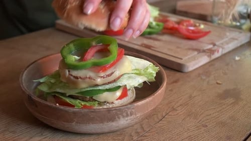 Assembling a Delicious Vegetable Burger at Home