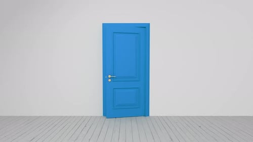 Blue door opening on green screen background
