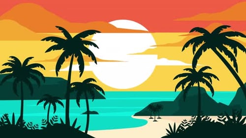 Flat Design Tropical Sunset Beach Animation