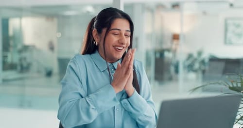 Excited, laptop and business woman in office with investment growth, stock market bonus and profit