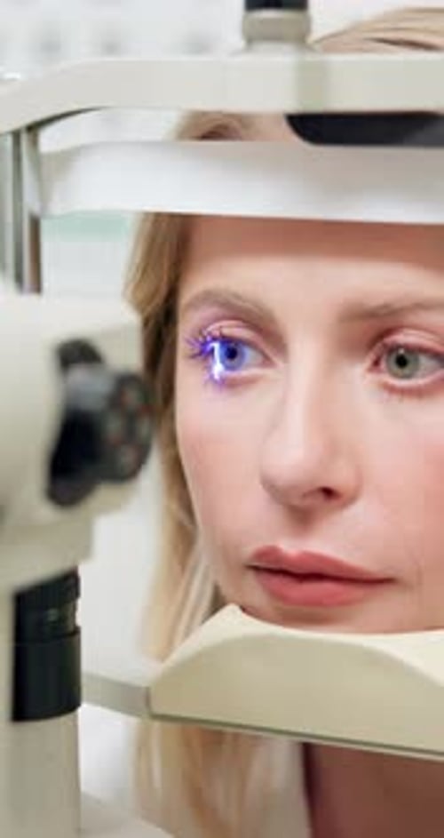 Woman, eye exam and laser ophthalmology or scanning optometry for myopia consultation