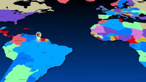 Guyana Location Pin on 3D World Map Zoom Animation