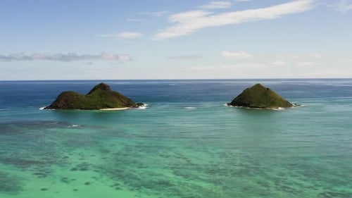 Aerial Flyover Of Lanikai Beach, Mokulua Islands In The Background, Hawaii.