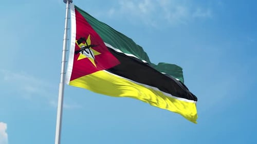 Realistic Mozambique Flag Waving In Blue Sky