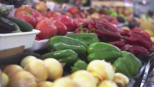 fruit and vegetables in a farmer's market - push in - slow-motion