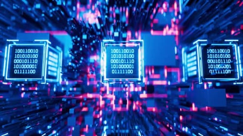 Camera zoom out from binary code cube. Hacker attack. Computer code. Blockchain. Artificial intellig