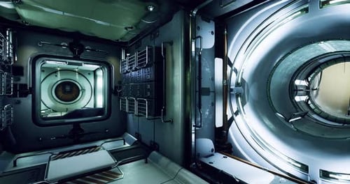 Erkundung des futuristischen Innenraums des Moduls der Internationalen Raumstation