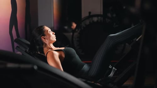 Young attractive woman training legs muscles on leg press machine at the gym side movement